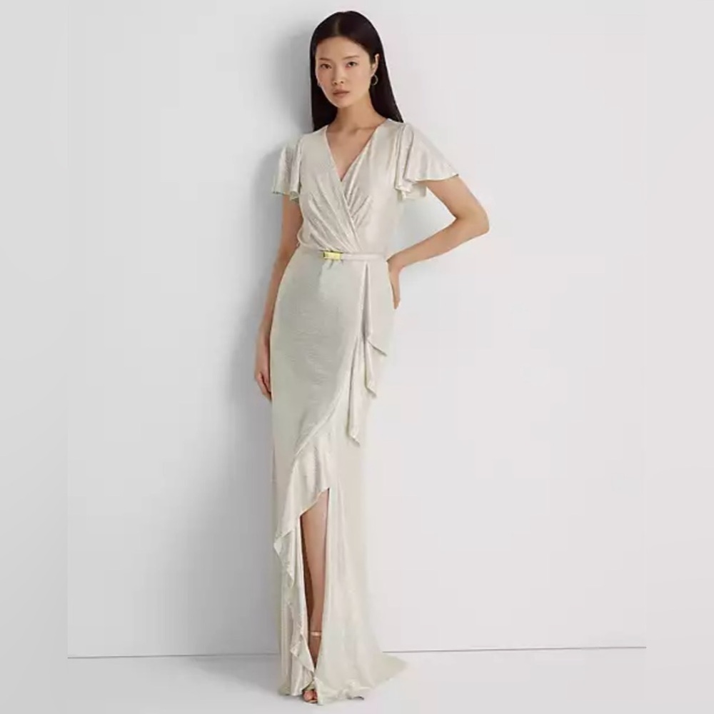 Lauren Ralph Lauren NWT Belted Metallic Knit Flutter Sleeve Evening Gown Sz. 4